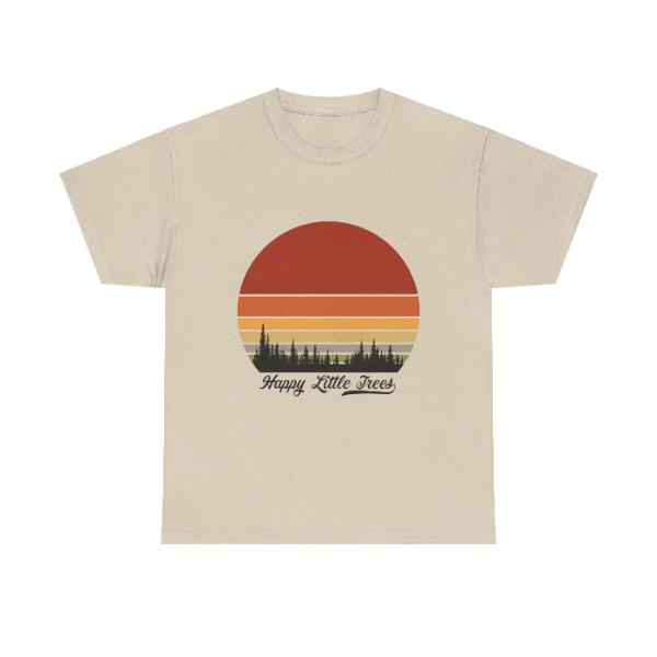 A tan shirt with a retro sunset in a circular shape with trees at the bottom. says 'Happy Little Trees'