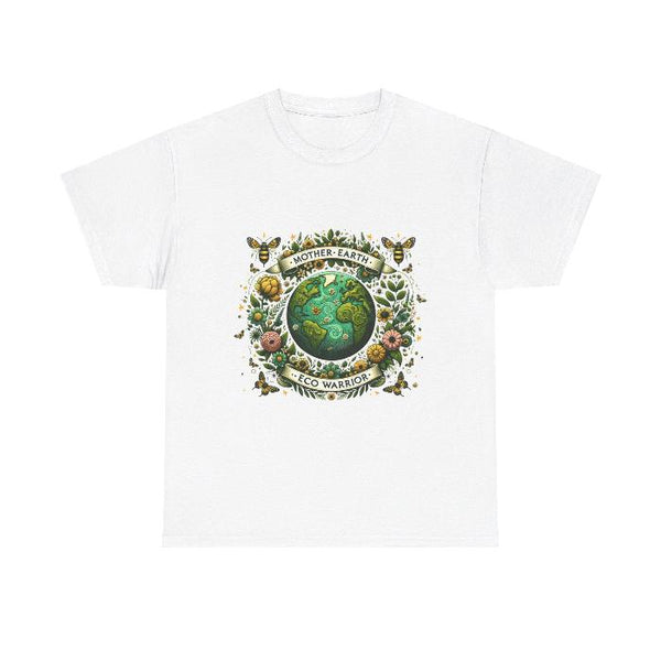 White shirt with a nature illustration of the earth, with a banner that says "Mother Earth, Eco Warrior"