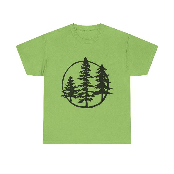 A lime green tshirt with a simple Black illustration of three trees in a circle. 