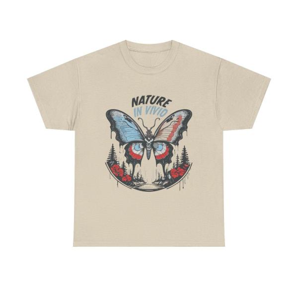 a sand colored t-shirt with the words "nature in vivid" on top of an illustration of a butterfly surrounded by nature.