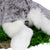 close up of a silver fox stuffed animal from a rearward angle perspective, featuring the 8 Billion Trees charm logo tag, placed on a patch of green moss.
