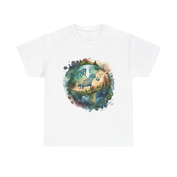 A white shirt, with an artistic detailed watercolor style illustration of the Earth